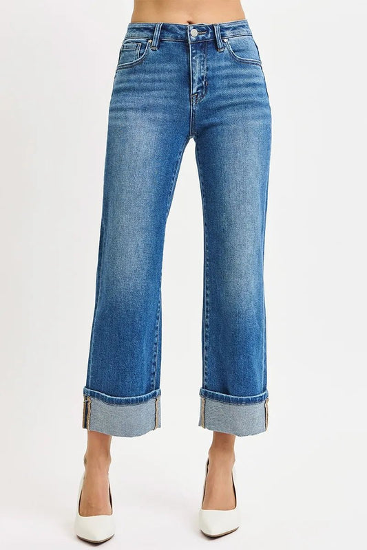 RISEN Full Size Mid Rise Crop Straight Cuffed Jeans Plus Size - PBNJ FASHIONS