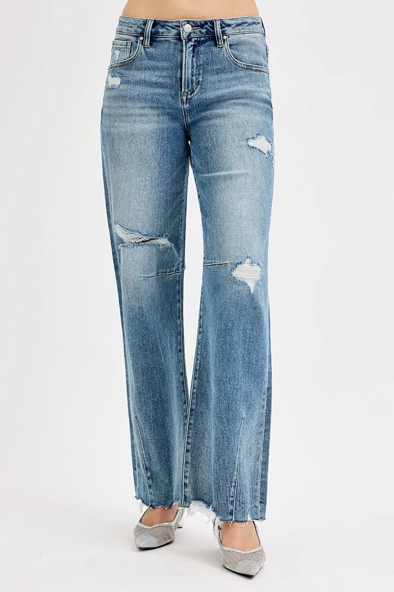 RISEN Full Size Mid Rise Fit Wide Baggy Leg Tie Washed Jeans Plus Size - PBNJ FASHIONS