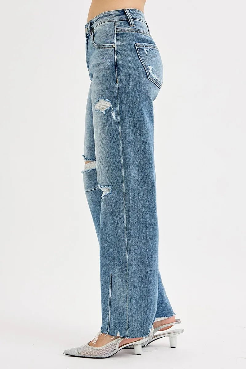 RISEN Full Size Mid Rise Fit Wide Baggy Leg Tie Washed Jeans Plus Size - PBNJ FASHIONS