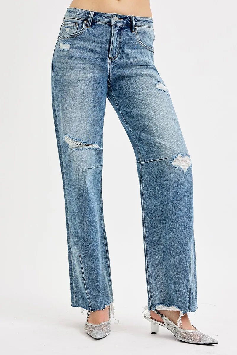 RISEN Full Size Mid Rise Fit Wide Baggy Leg Tie Washed Jeans Plus Size - PBNJ FASHIONS