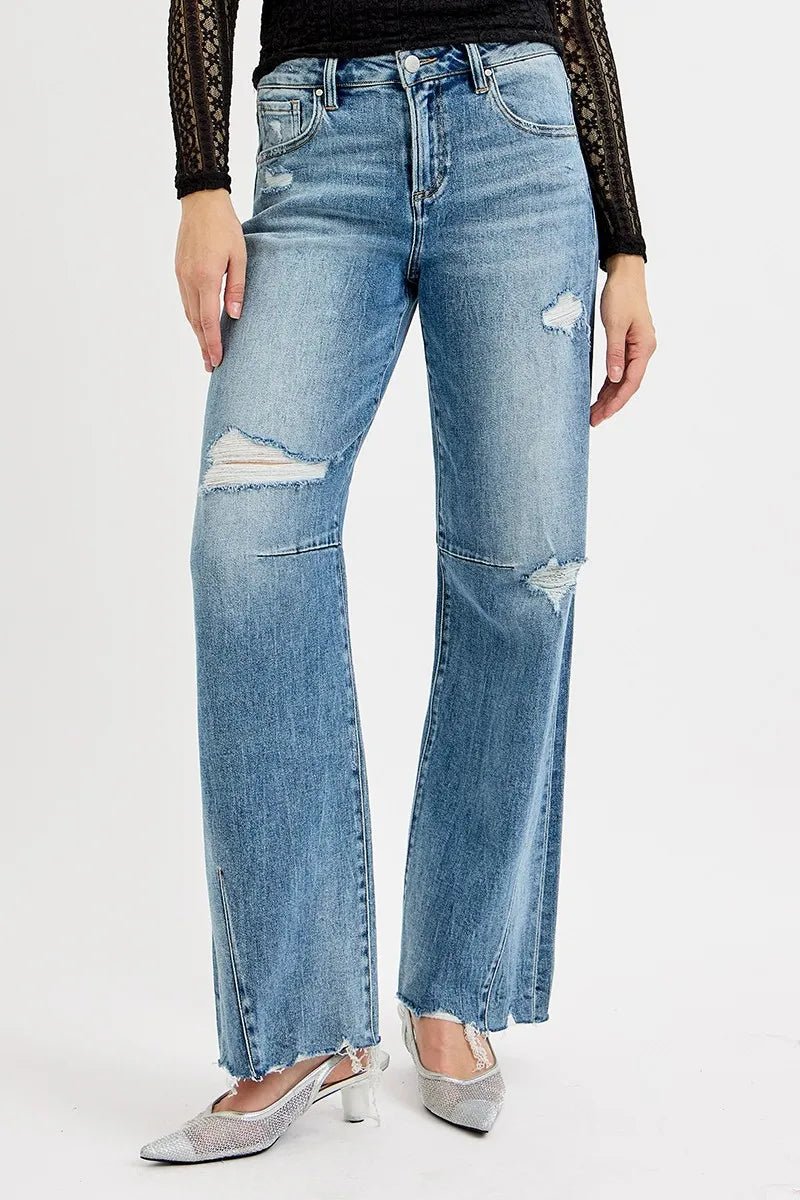 RISEN Full Size Mid Rise Fit Wide Baggy Leg Tie Washed Jeans Plus Size - PBNJ FASHIONS