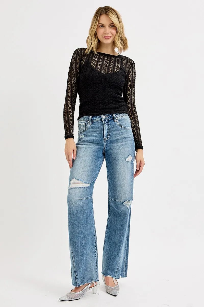 RISEN Full Size Mid Rise Fit Wide Baggy Leg Tie Washed Jeans Plus Size - PBNJ FASHIONS