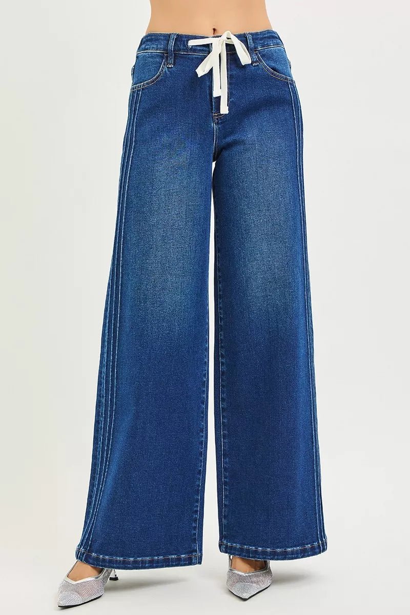RISEN Full Size Mid Rise Wide Side Pintuck Jeans with Front Drawstring Plus Size - PBNJ FASHIONS