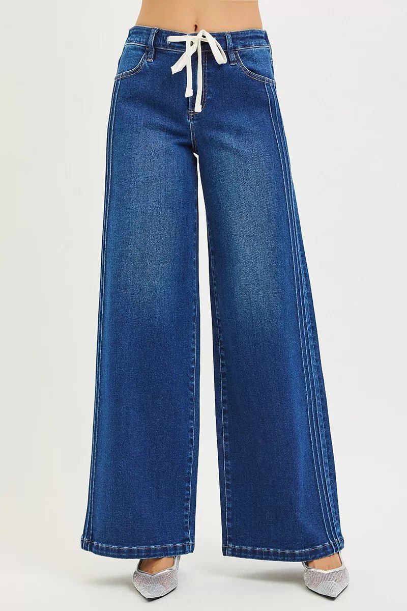 RISEN Full Size Mid Rise Wide Side Pintuck Jeans with Front Drawstring Plus Size - PBNJ FASHIONS