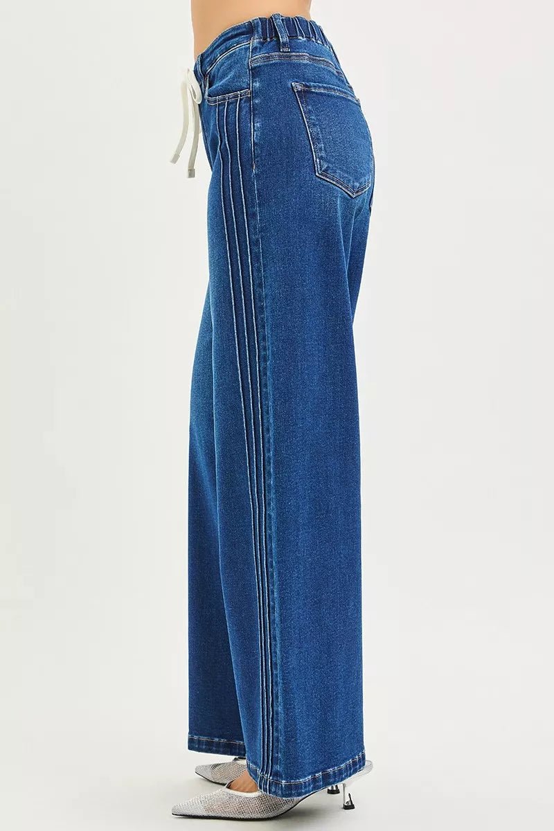 RISEN Full Size Mid Rise Wide Side Pintuck Jeans with Front Drawstring Plus Size - PBNJ FASHIONS