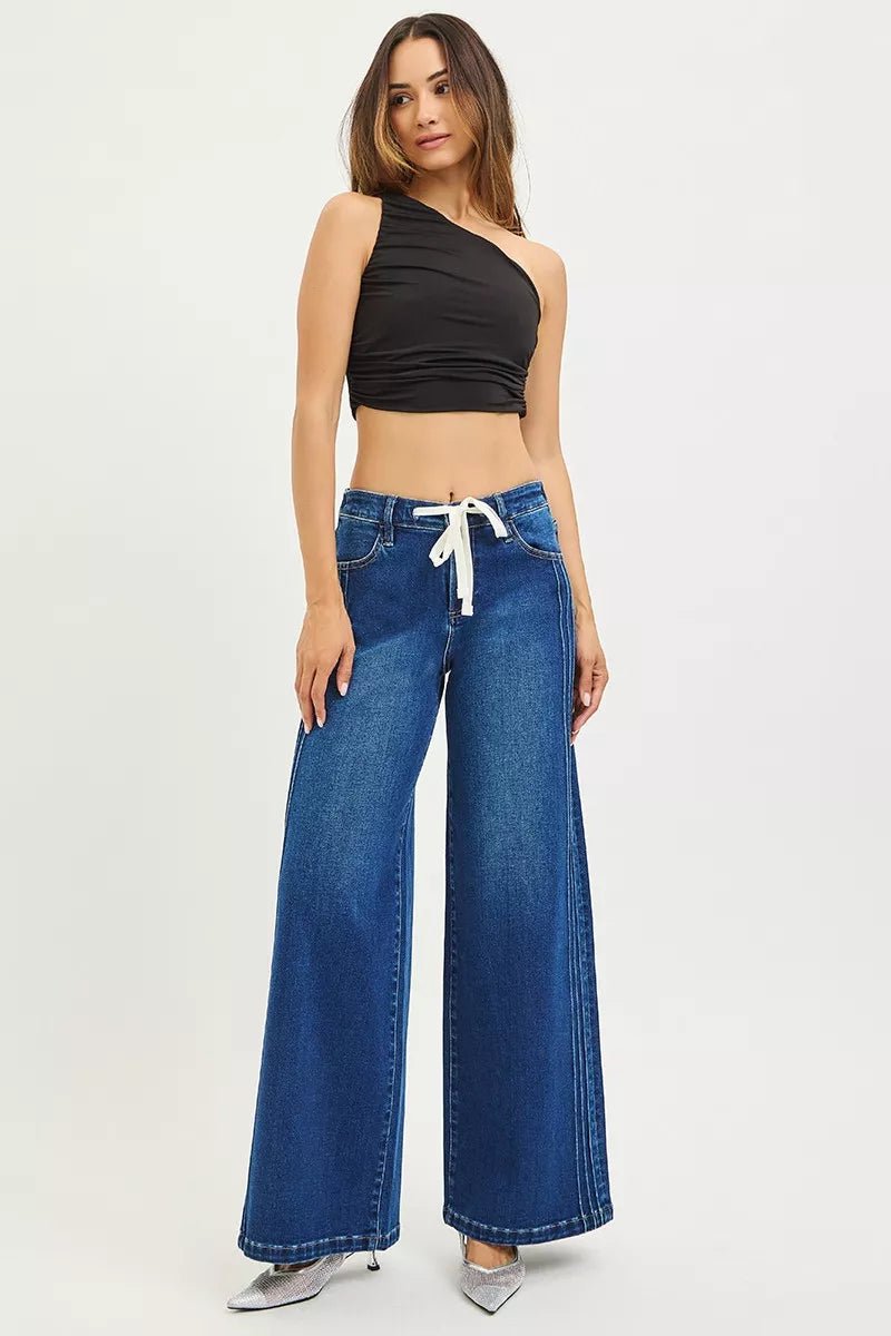 RISEN Full Size Mid Rise Wide Side Pintuck Jeans with Front Drawstring Plus Size - PBNJ FASHIONS