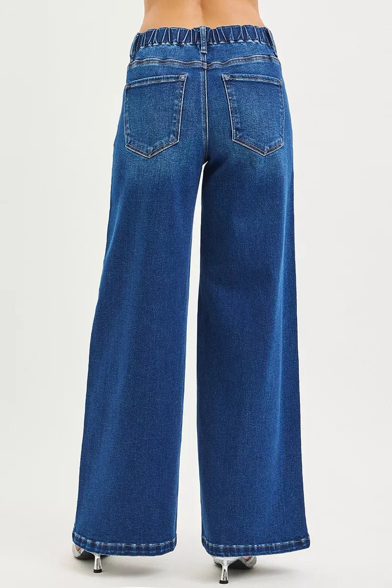RISEN Full Size Mid Rise Wide Side Pintuck Jeans with Front Drawstring Plus Size - PBNJ FASHIONS