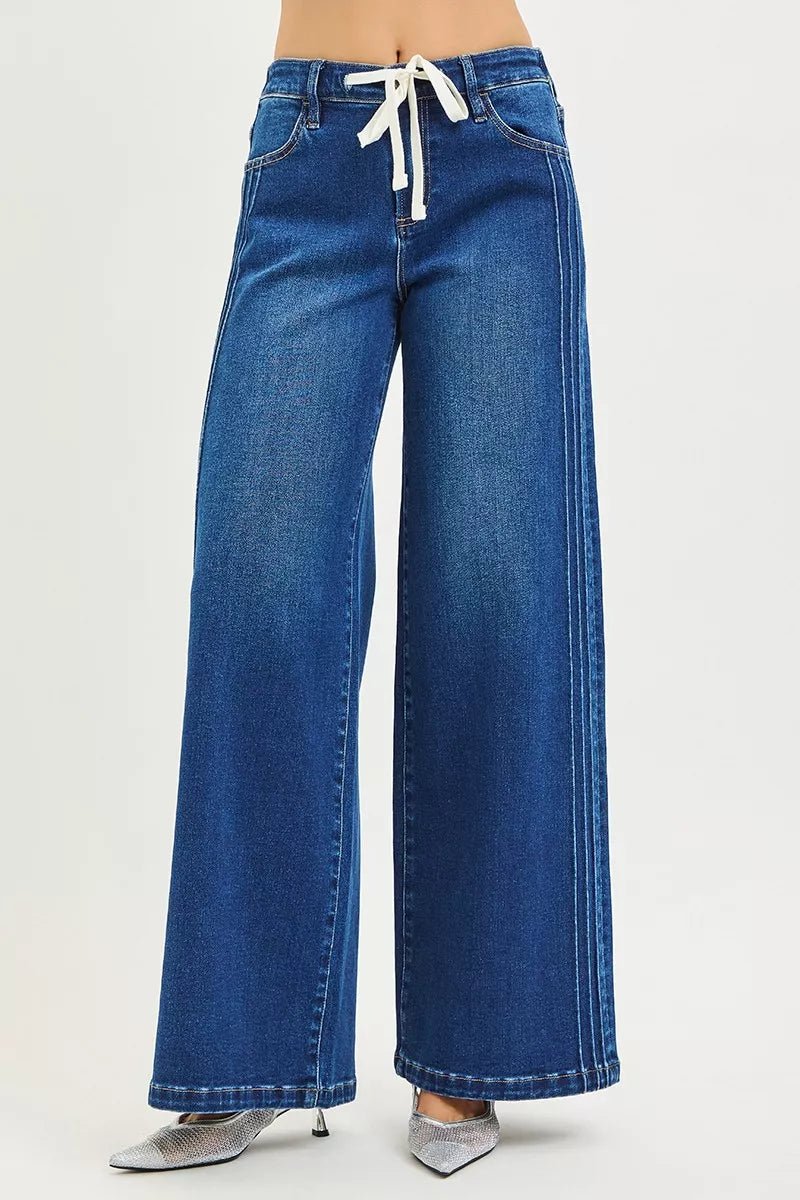 RISEN Full Size Mid Rise Wide Side Pintuck Jeans with Front Drawstring Plus Size - PBNJ FASHIONS