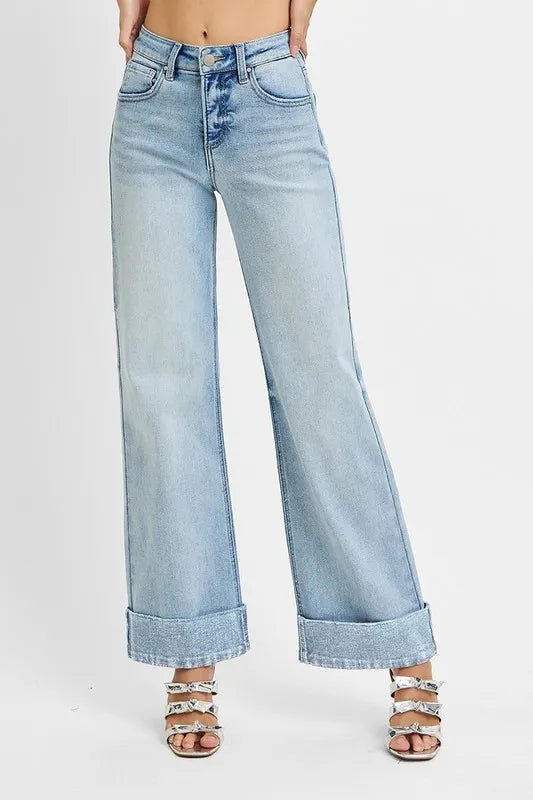 RISEN Full Size Tummy Control High Rise Ankle Wide Cuffed Jeans Plus Size - PBNJ FASHIONS