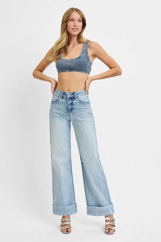 RISEN Full Size Tummy Control High Rise Ankle Wide Cuffed Jeans Plus Size - PBNJ FASHIONS