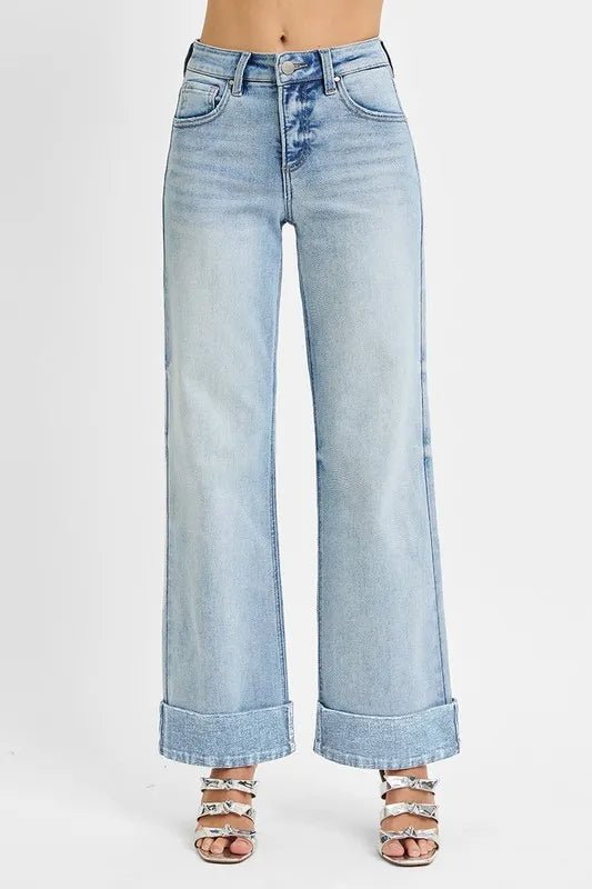 RISEN Full Size Tummy Control High Rise Ankle Wide Cuffed Jeans Plus Size - PBNJ FASHIONS