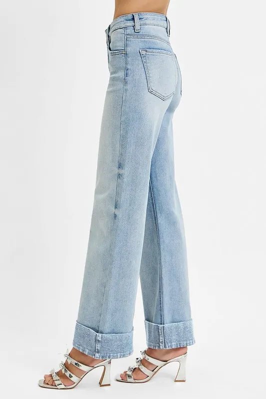 RISEN Full Size Tummy Control High Rise Ankle Wide Cuffed Jeans Plus Size - PBNJ FASHIONS