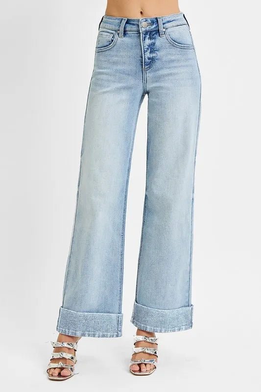 RISEN Full Size Tummy Control High Rise Ankle Wide Cuffed Jeans Plus Size - PBNJ FASHIONS