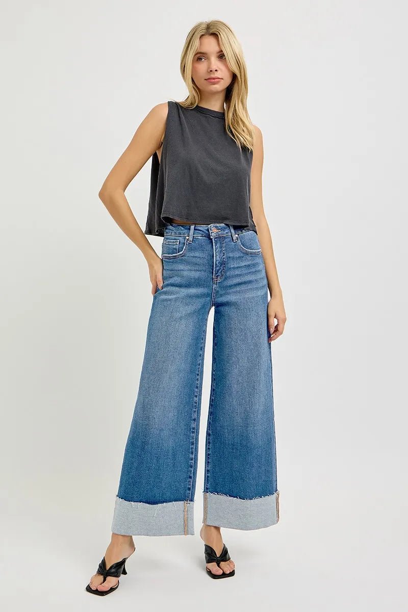 RISEN Full Size Tummy Control High Rise Crop Wide Cuffed Jeans Plus Size - PBNJ FASHIONS