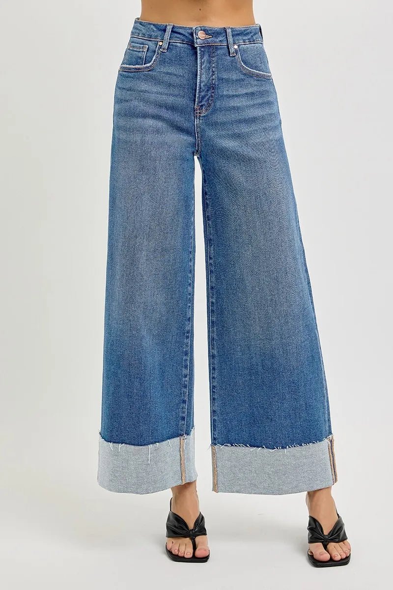 RISEN Full Size Tummy Control High Rise Crop Wide Cuffed Jeans Plus Size - PBNJ FASHIONS