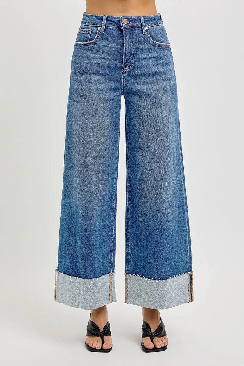 RISEN Full Size Tummy Control High Rise Crop Wide Cuffed Jeans Plus Size - PBNJ FASHIONS