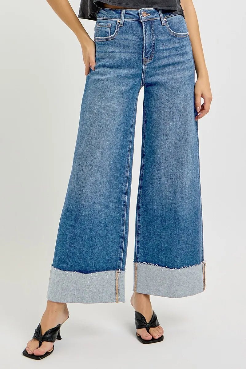 RISEN Full Size Tummy Control High Rise Crop Wide Cuffed Jeans Plus Size - PBNJ FASHIONS
