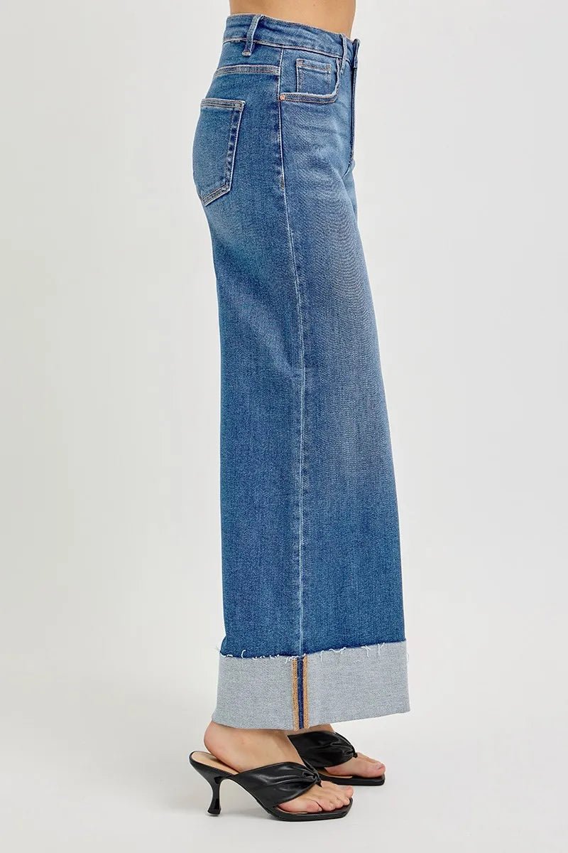 RISEN Full Size Tummy Control High Rise Crop Wide Cuffed Jeans Plus Size - PBNJ FASHIONS