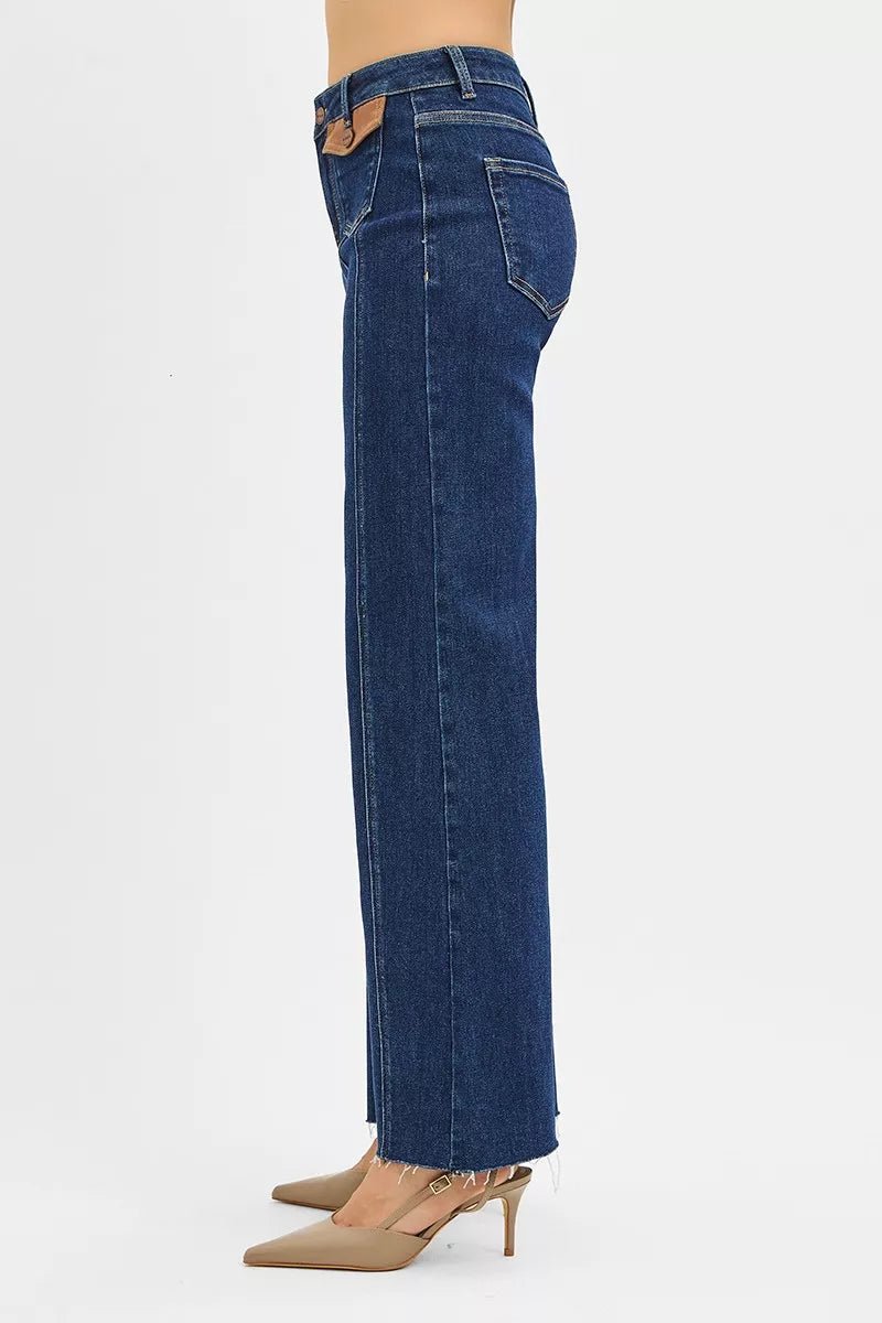 RISEN High Rise Wide Flare Jeans with Front Leather Pocket Detail - PBNJ FASHIONS