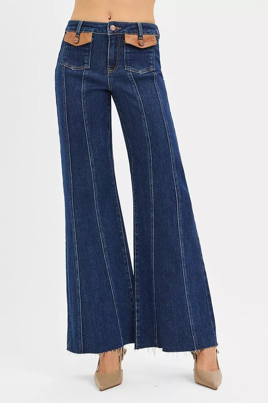 RISEN High Rise Wide Flare Jeans with Front Leather Pocket Detail - PBNJ FASHIONS