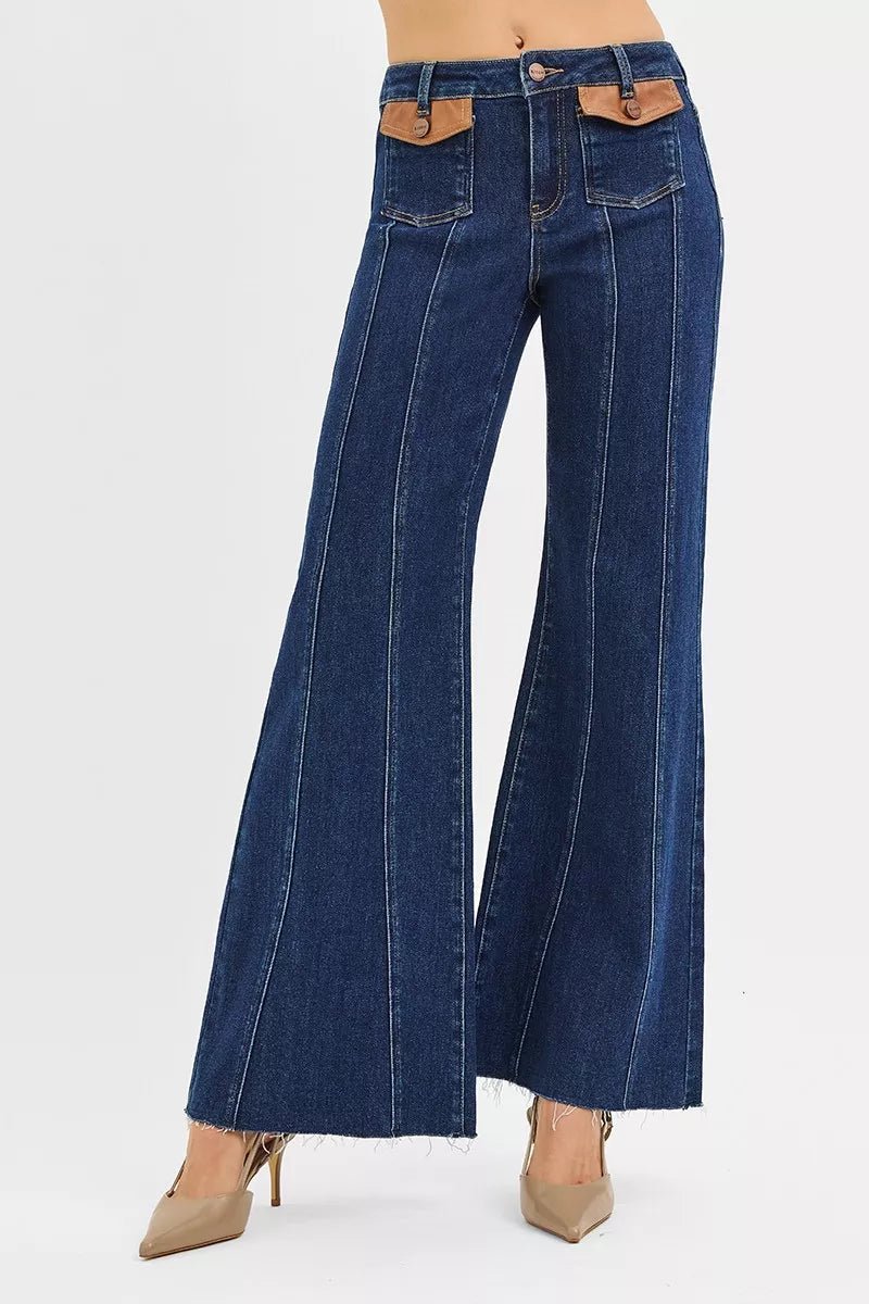 RISEN High Rise Wide Flare Jeans with Front Leather Pocket Detail - PBNJ FASHIONS