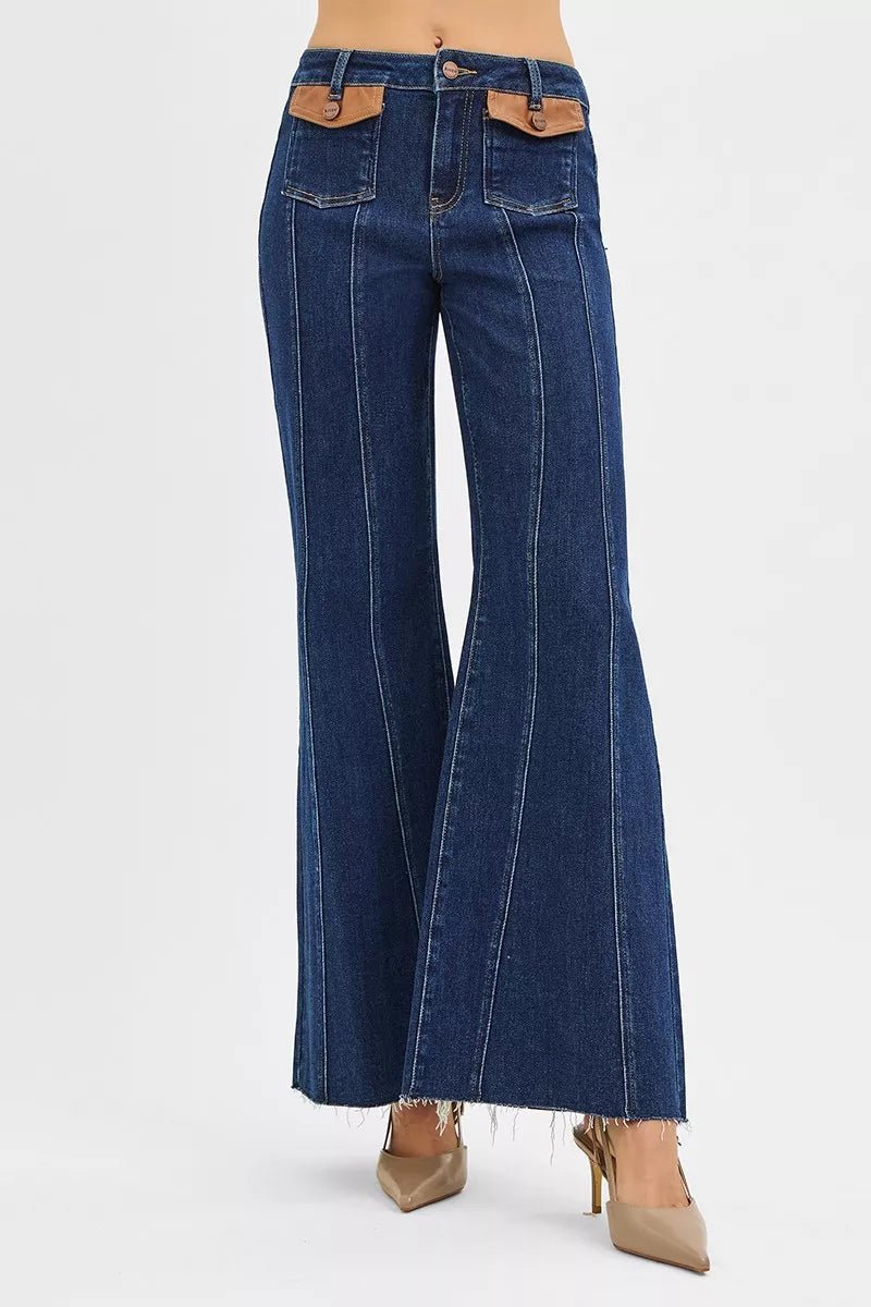 RISEN High Rise Wide Flare Jeans with Front Leather Pocket Detail - PBNJ FASHIONS