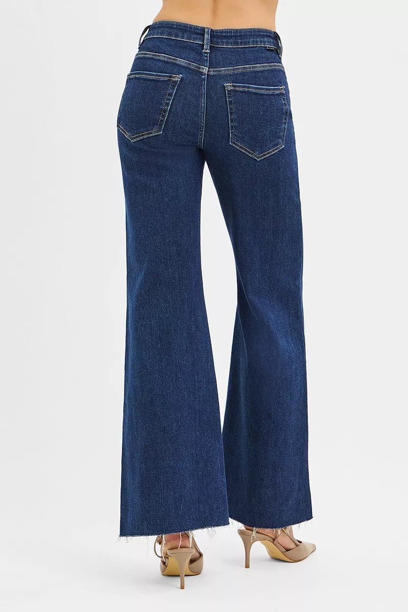 RISEN High Rise Wide Flare Jeans with Front Leather Pocket Detail - PBNJ FASHIONS