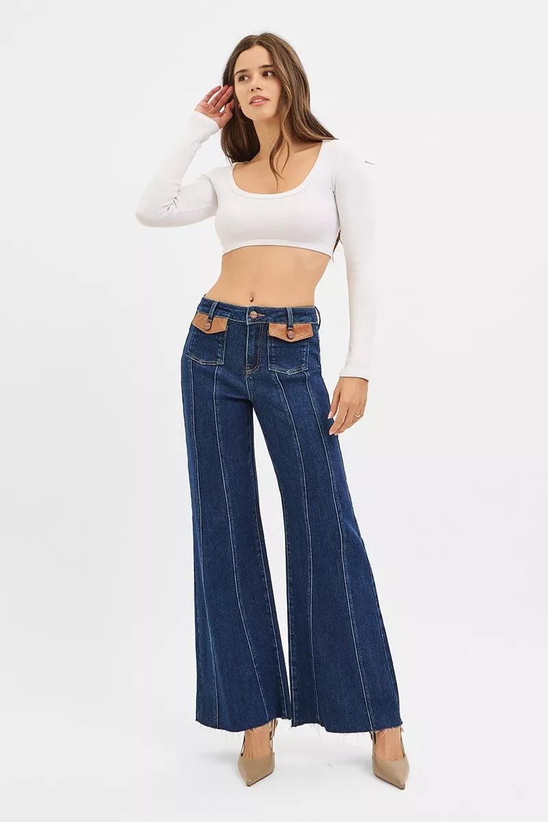 RISEN High Rise Wide Flare Jeans with Front Leather Pocket Detail - PBNJ FASHIONS