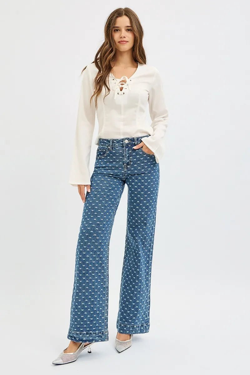 RISEN High Rise Wide Leg Bow Embroidered Jeans - PBNJ FASHIONS