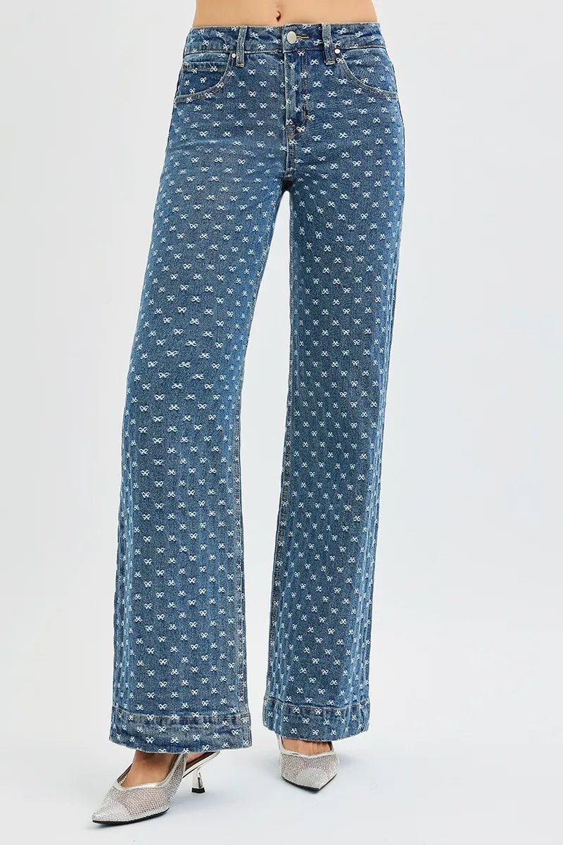 RISEN High Rise Wide Leg Bow Embroidered Jeans - PBNJ FASHIONS