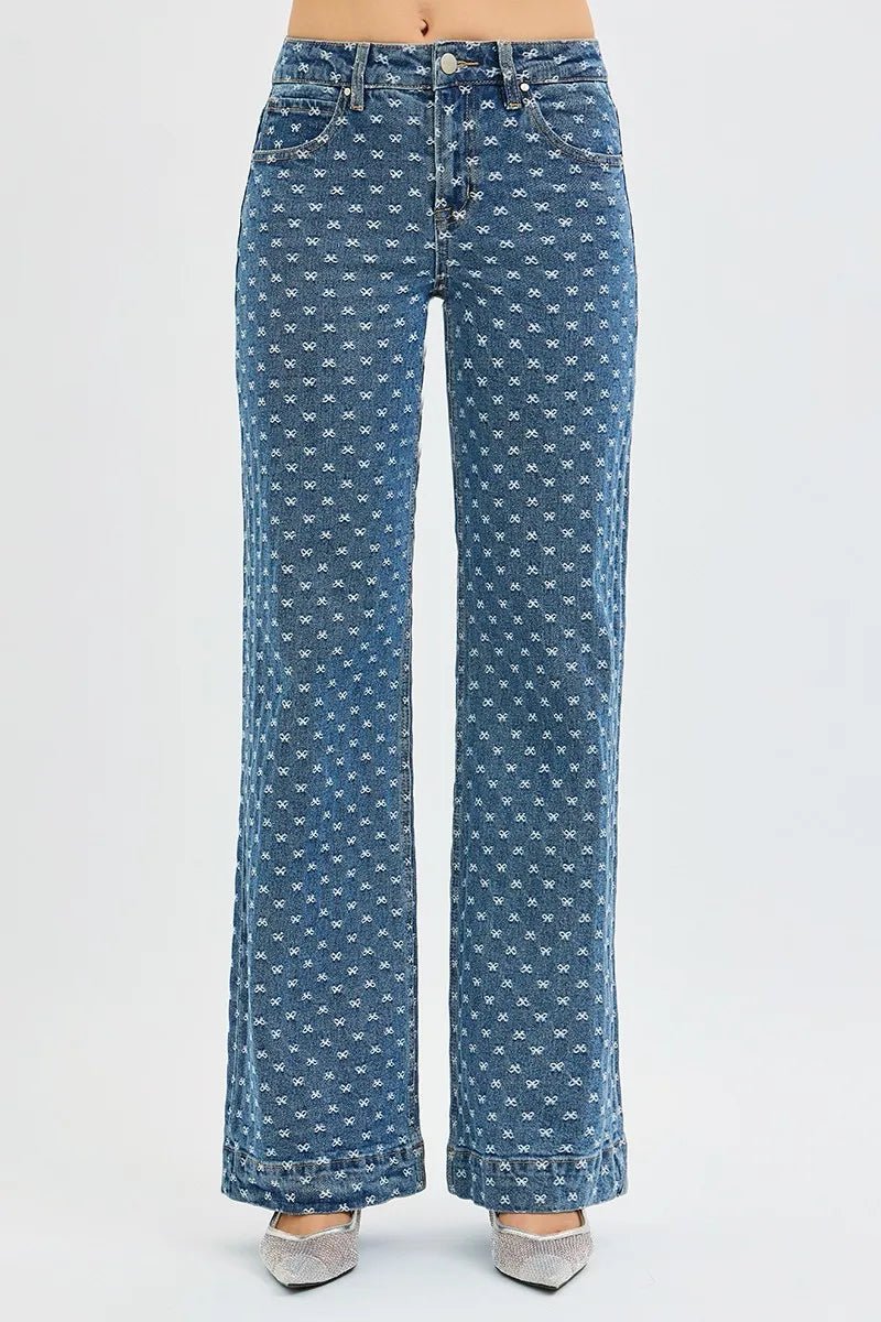 RISEN High Rise Wide Leg Bow Embroidered Jeans - PBNJ FASHIONS