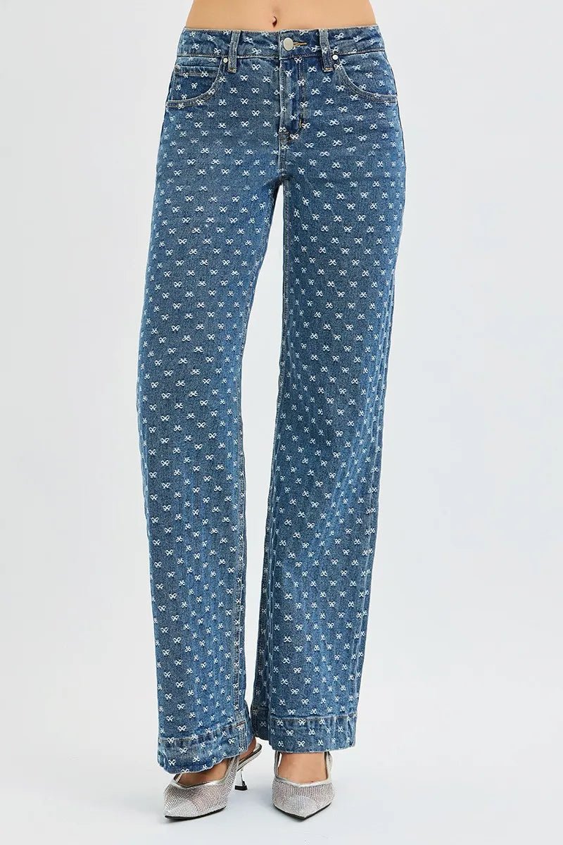 RISEN High Rise Wide Leg Bow Embroidered Jeans - PBNJ FASHIONS