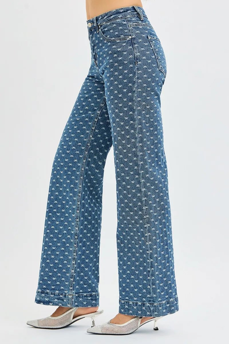 RISEN High Rise Wide Leg Bow Embroidered Jeans - PBNJ FASHIONS