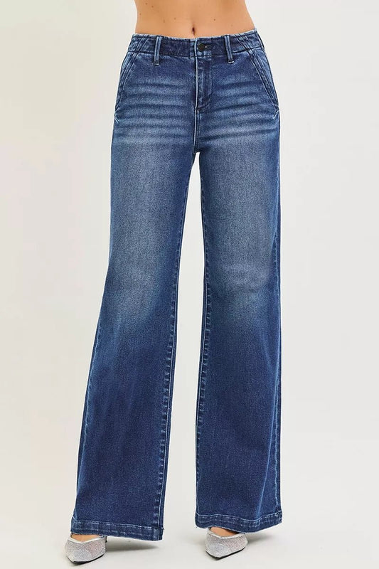 RISEN High Rise Wide Leg Slanted Pocket Jeans - PBNJ FASHIONS
