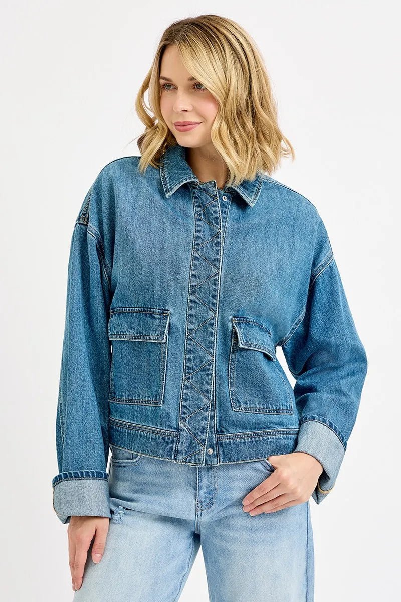 RISEN Oversized Cargo Pocket Denim Jacket with Cuffed Sleeves - PBNJ FASHIONS