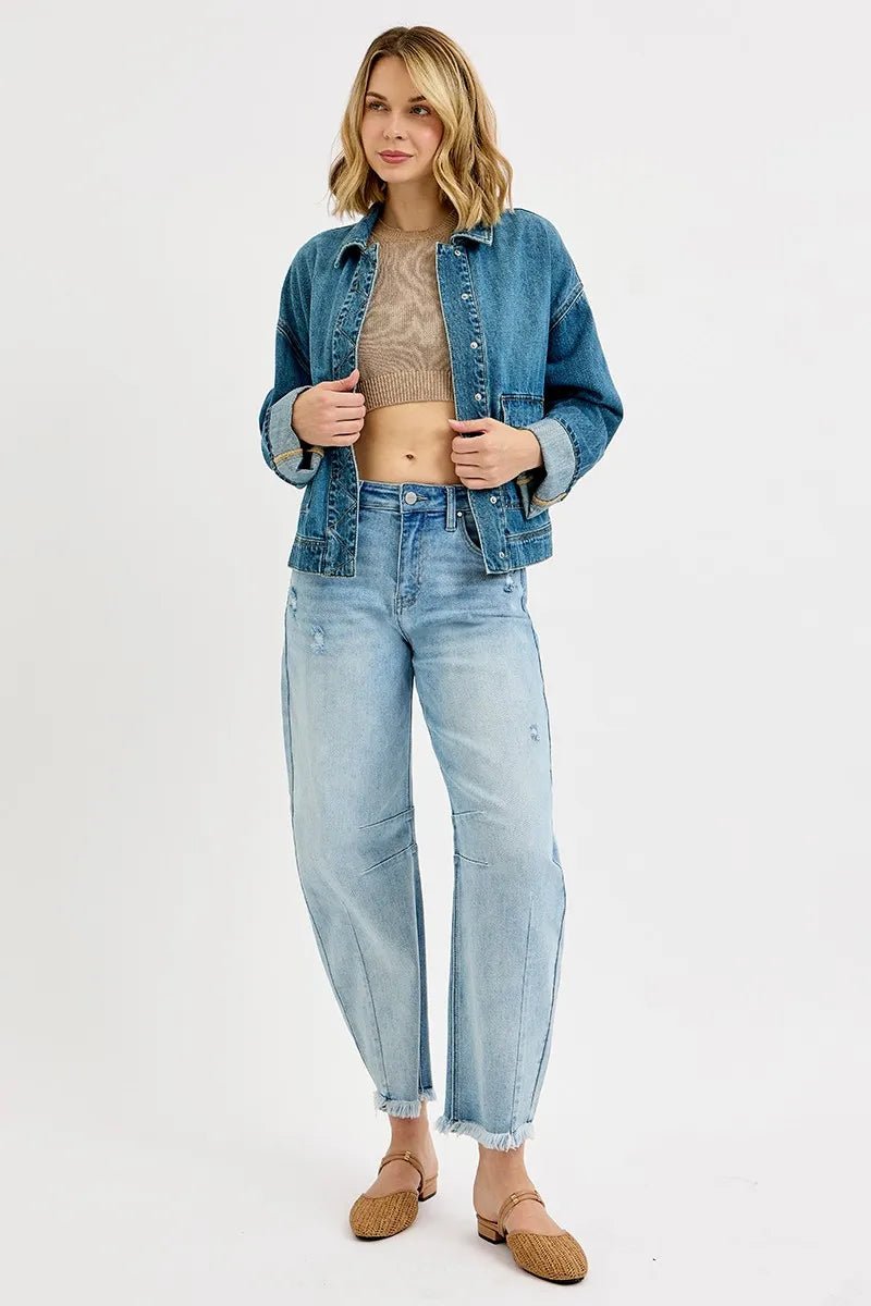 RISEN Oversized Cargo Pocket Denim Jacket with Cuffed Sleeves - PBNJ FASHIONS