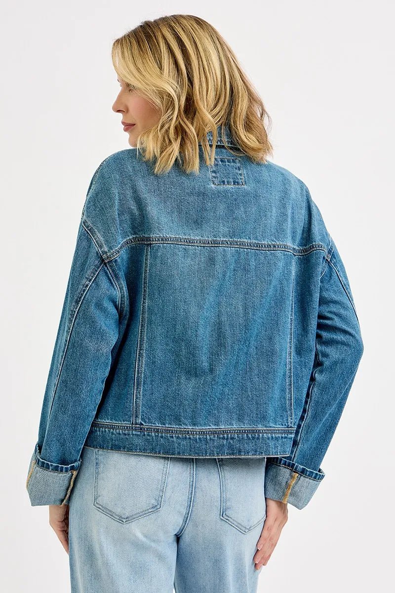RISEN Oversized Cargo Pocket Denim Jacket with Cuffed Sleeves - PBNJ FASHIONS