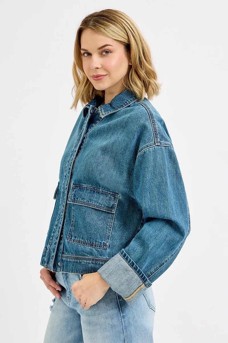 RISEN Oversized Cargo Pocket Denim Jacket with Cuffed Sleeves - PBNJ FASHIONS