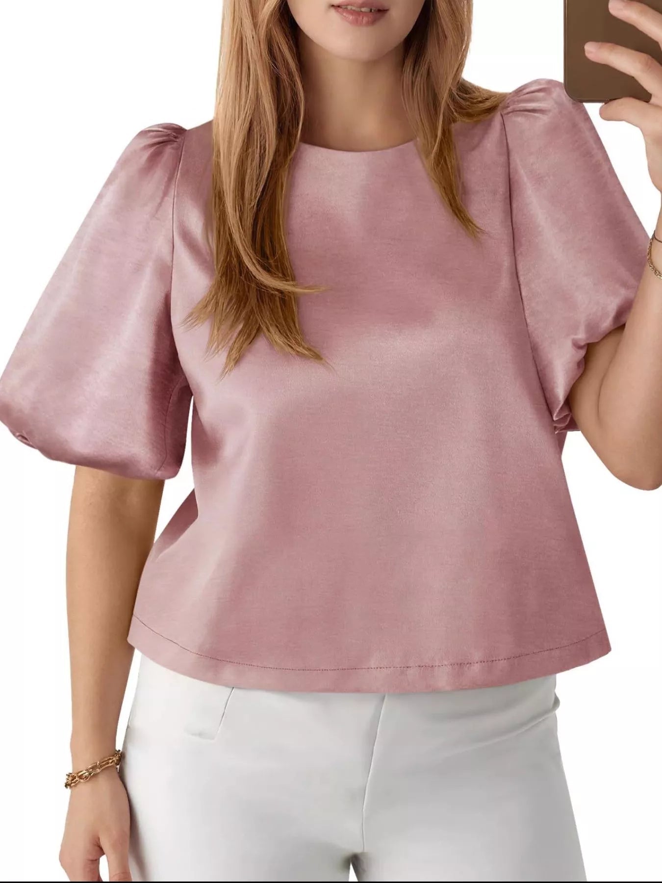 Round Neck Puff Sleeve Satin Top - PBNJ FASHIONS