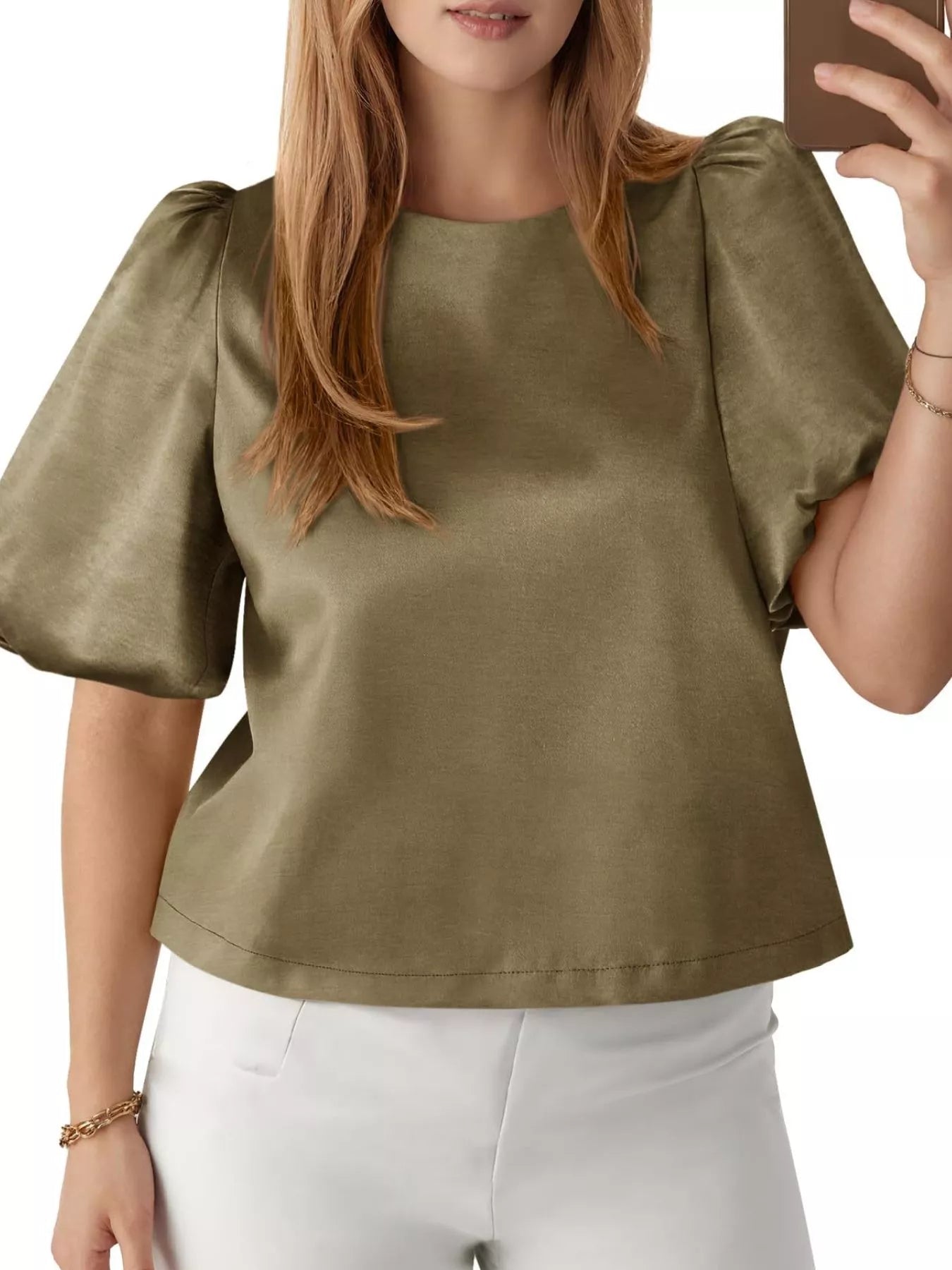 Round Neck Puff Sleeve Satin Top - PBNJ FASHIONS