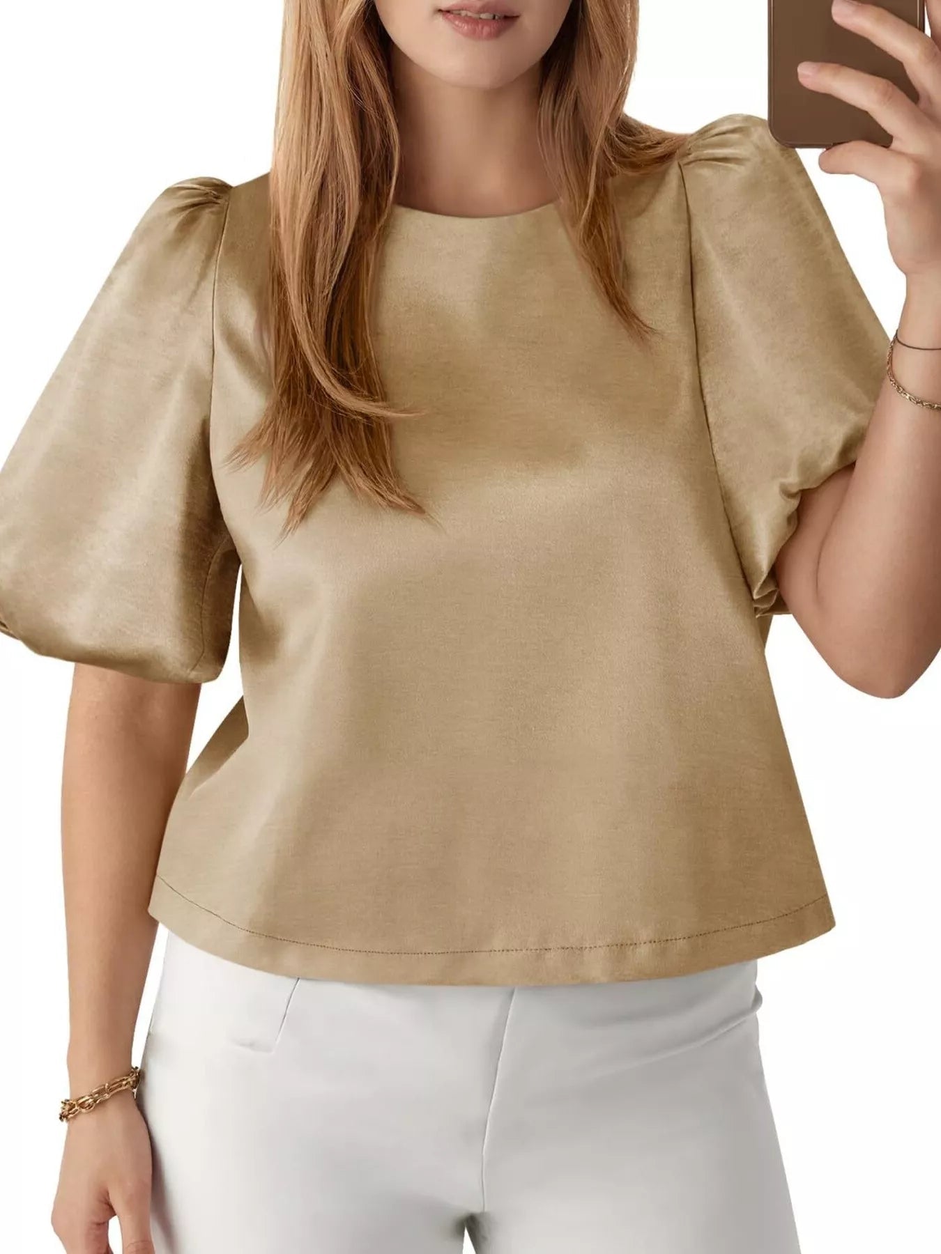 Round Neck Puff Sleeve Satin Top - PBNJ FASHIONS