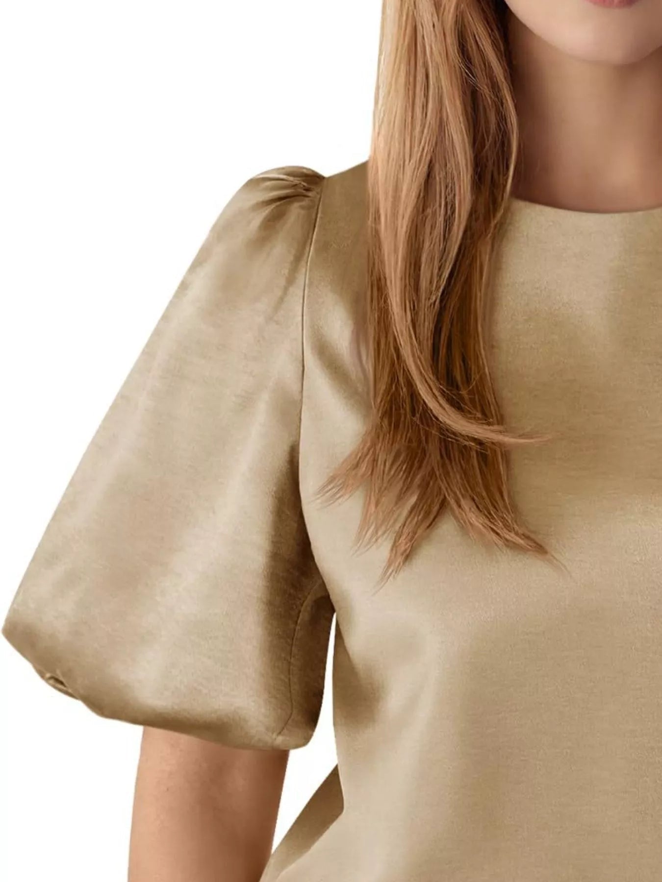 Round Neck Puff Sleeve Satin Top - PBNJ FASHIONS