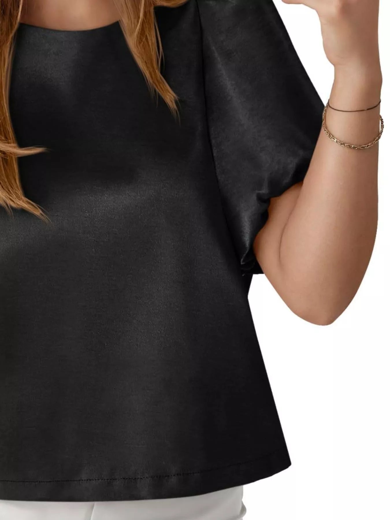 Round Neck Puff Sleeve Satin Top - PBNJ FASHIONS