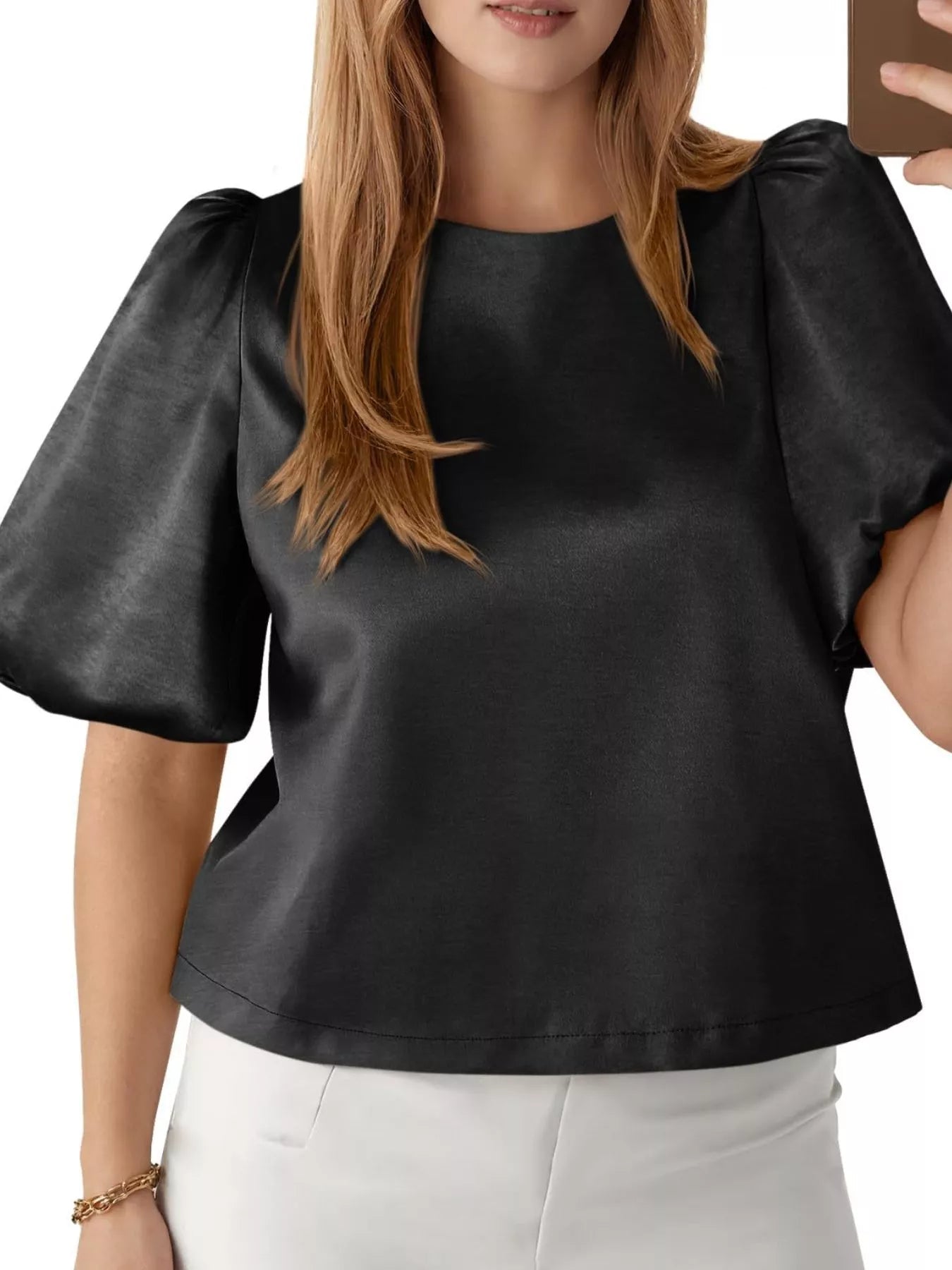 Round Neck Puff Sleeve Satin Top - PBNJ FASHIONS