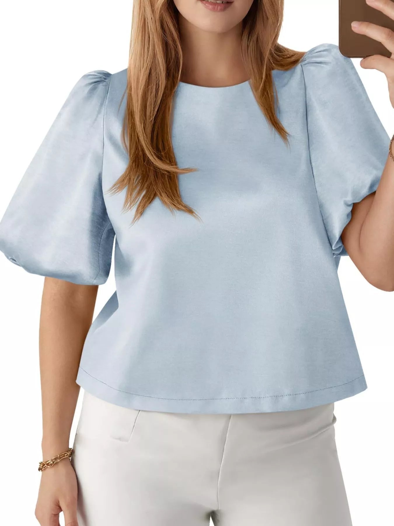 Round Neck Puff Sleeve Satin Top - PBNJ FASHIONS