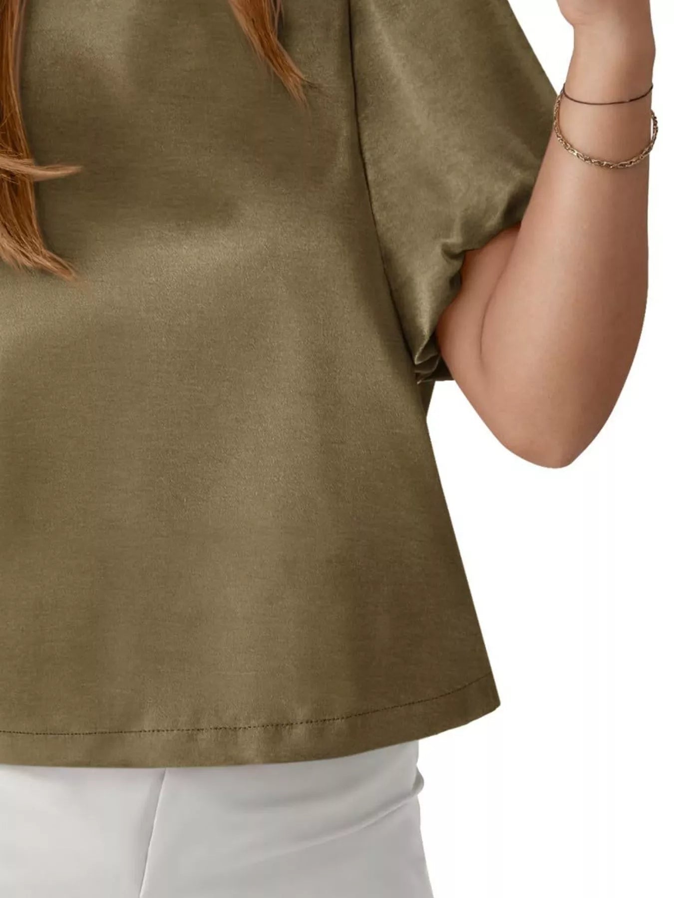 Round Neck Puff Sleeve Satin Top - PBNJ FASHIONS