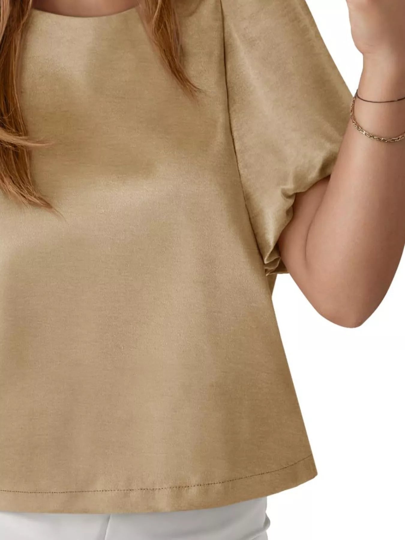 Round Neck Puff Sleeve Satin Top - PBNJ FASHIONS