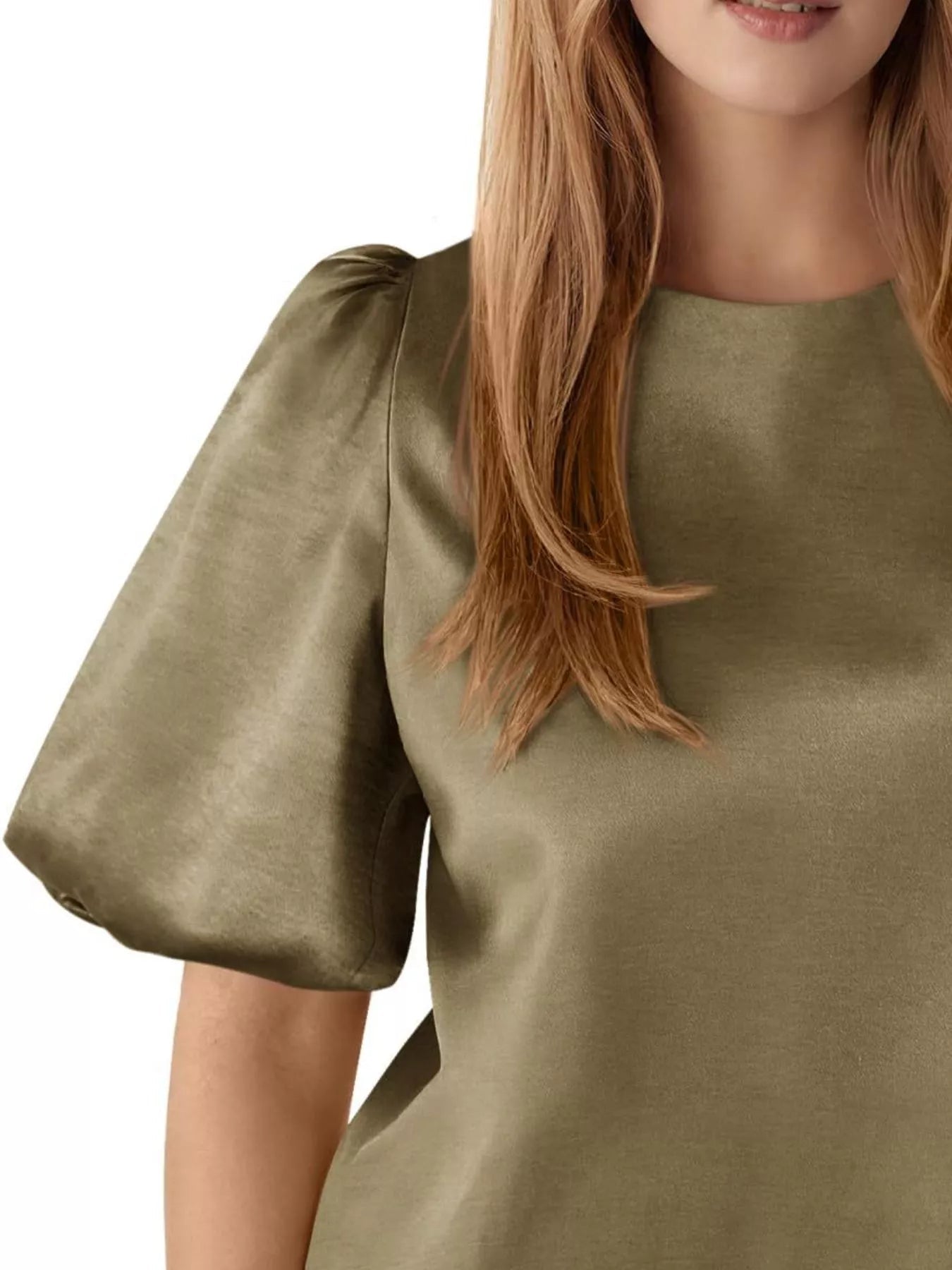 Round Neck Puff Sleeve Satin Top - PBNJ FASHIONS