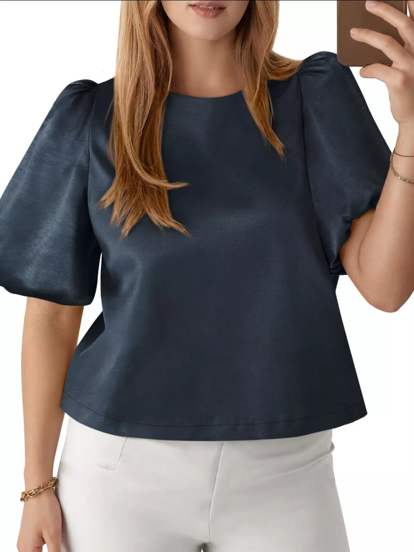 Round Neck Puff Sleeve Satin Top - PBNJ FASHIONS