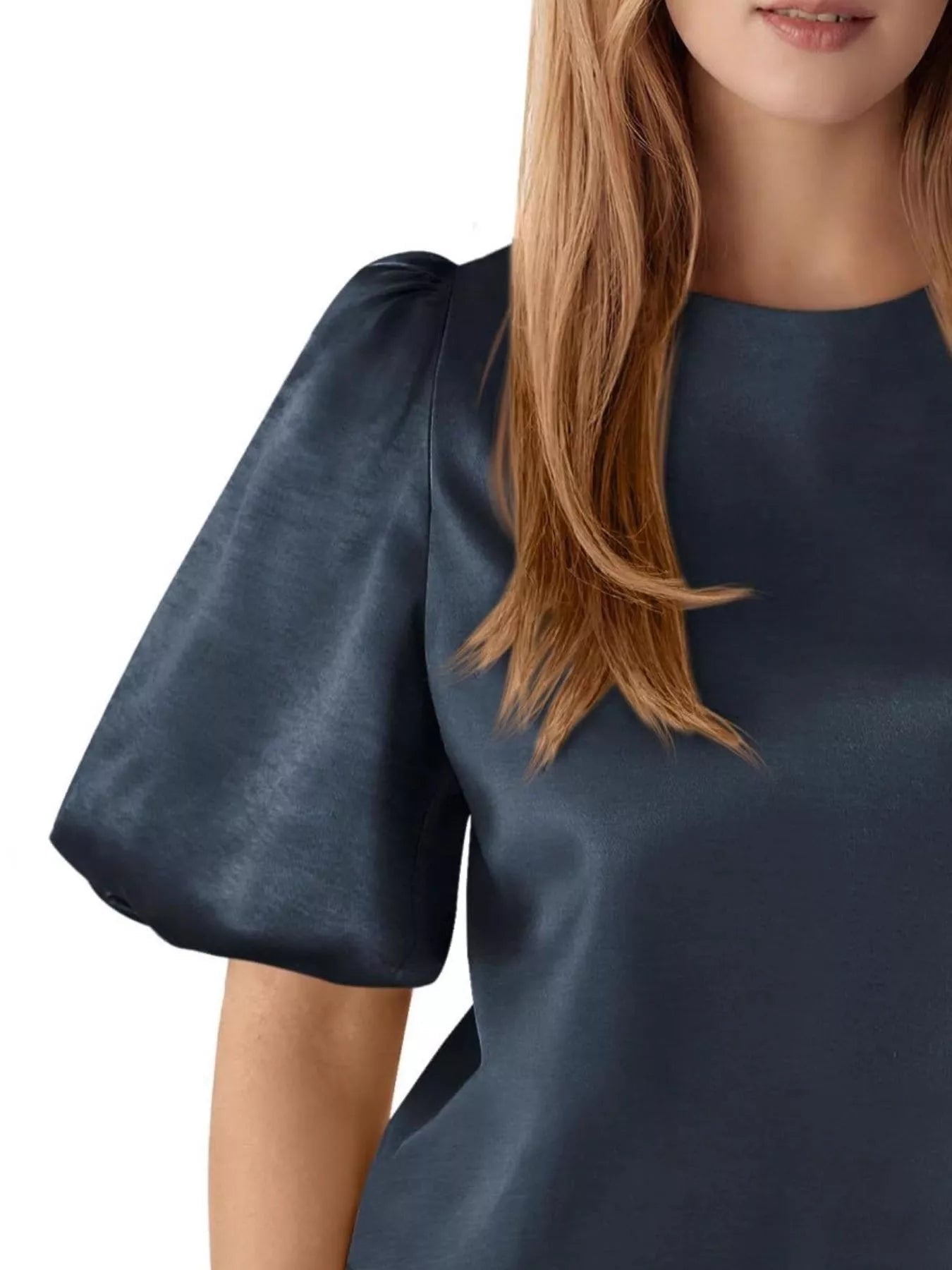 Round Neck Puff Sleeve Satin Top - PBNJ FASHIONS